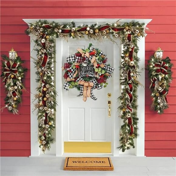Christmas Buffalo Check Wreath, Outdoor Christmas Wreaths, Front Door Decoration - Picture 1 of 7
